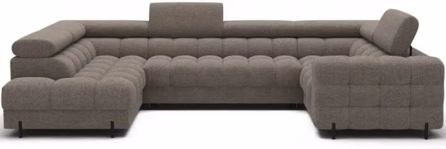 Divano panoramico convertibile FACTORY di MEUBLORAMA, forma a U con angolo sinistro, colore marrone, con vano contenitore e cuscini decorativi inclusi
