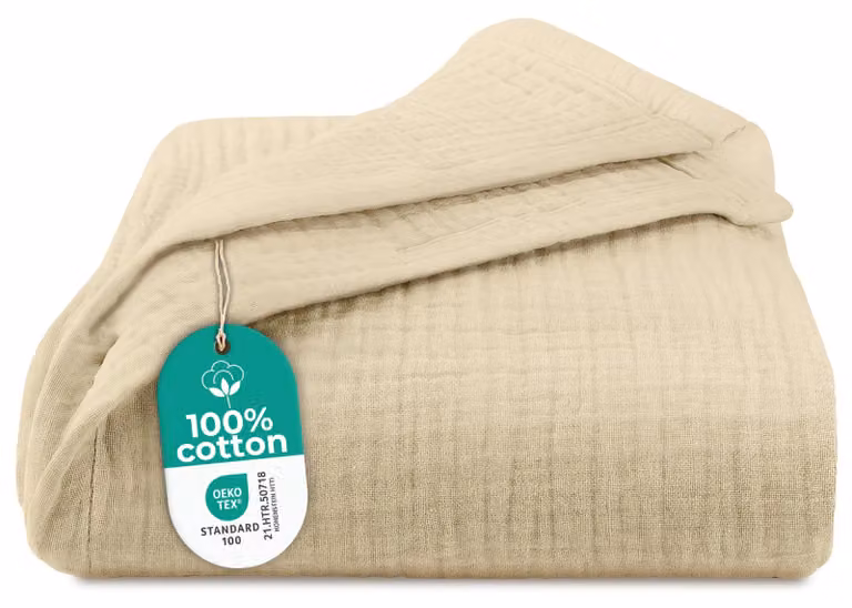 Coperta in mussola, 220x240 cm, 100% cotone, color beige, Oeko-Tex
