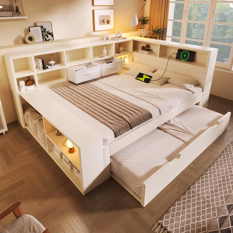 Letto contenitore 140x200 bianco, letto matrimoniale con letto a scomparsa, 8 vani contenitori e prese di ricarica USB/Type-C – Letto matrimoniale e letto per ragazzi salvaspazio