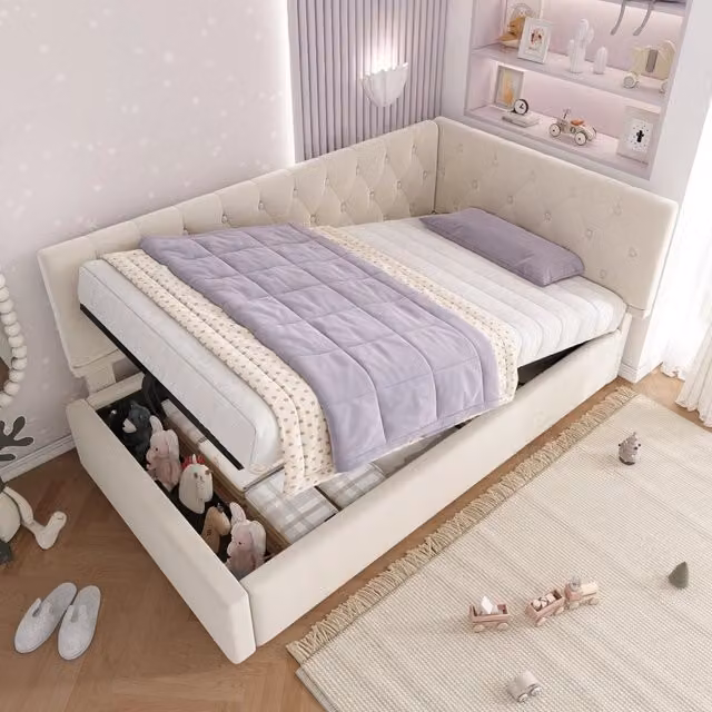 Letto singolo imbottito 90 × 200 cm con vano contenitore idraulico in velluto beige e rete a doghe