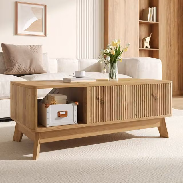 Tavolino da caffè 95x48x50 cm con piano sollevabile e motivo ondulato 3D in MDF naturale