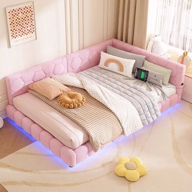 Divano letto 140x200cm - Tessuto Vliesimitat - LED 16 Colori - Porte USB e Type-C - Struttura in MDF - Capacità 220kg - Rosa