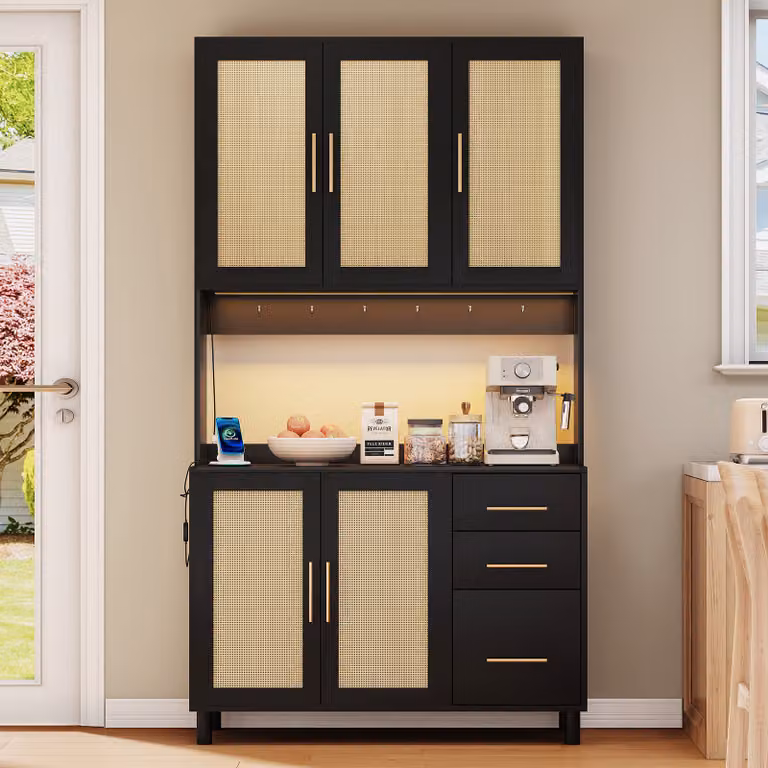 Mobile alto Flieks, credenza con ante in rattan, mobile bar con prese, credenza in stile rustico, altezza 183 cm, nero