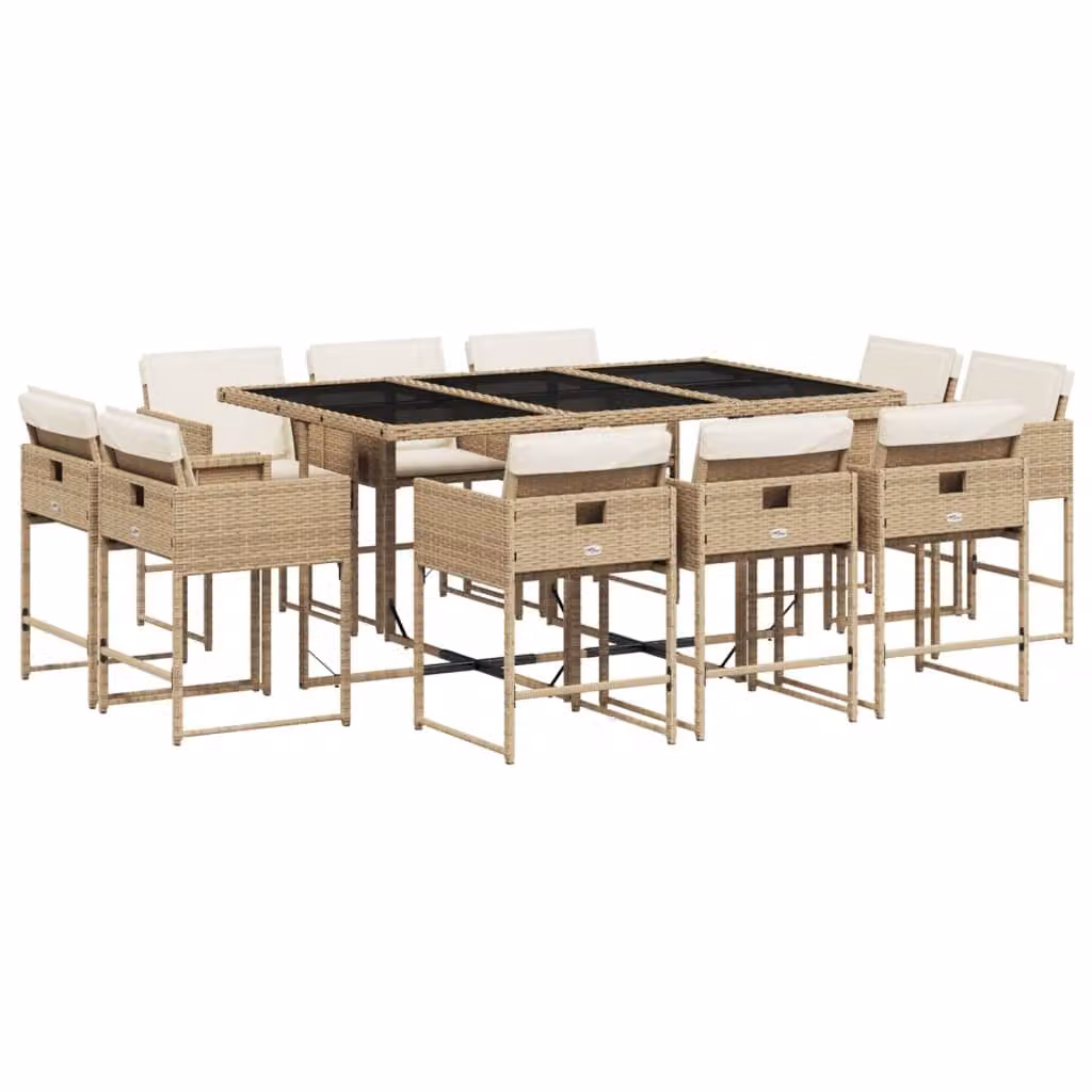 Set da Pranzo da Giardino 11 pz con Cuscini Beige in Polyrattan