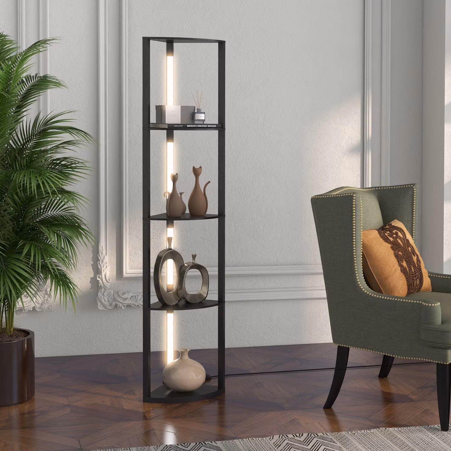 Lampada da terra a colonna HOMCOM con 4 ripiani in legno e illuminazione LED 3000K, Nero, L: 41 cm, P: 29.5 cm, H: 163.5 cm – 2