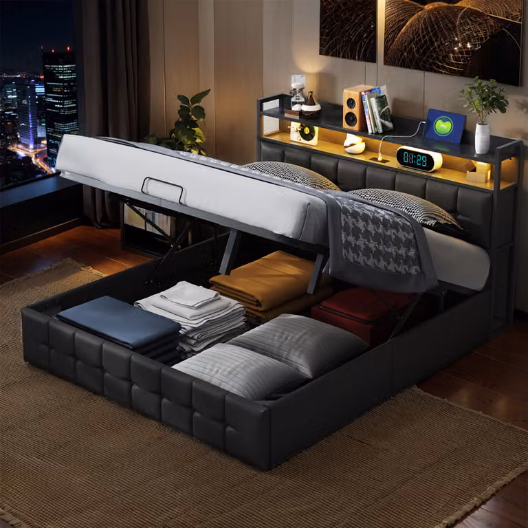 Letto imbottito CDGlobal 140x200cm con USB e rete a doghe, letto a molle idrauliche con contenitore, letto matrimoniale con testata contenitore e LED, PU, nero