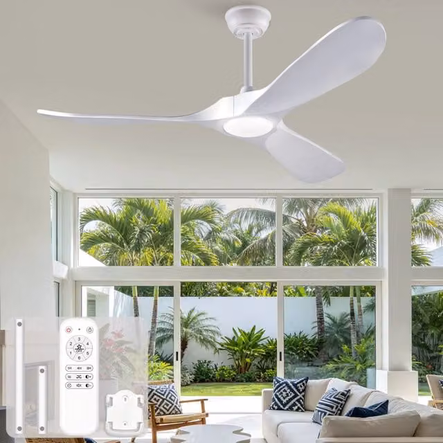 Ventilatore da soffitto MODFU con luce LED e telecomando, 52 pollici, bianco, con pale in legno massello