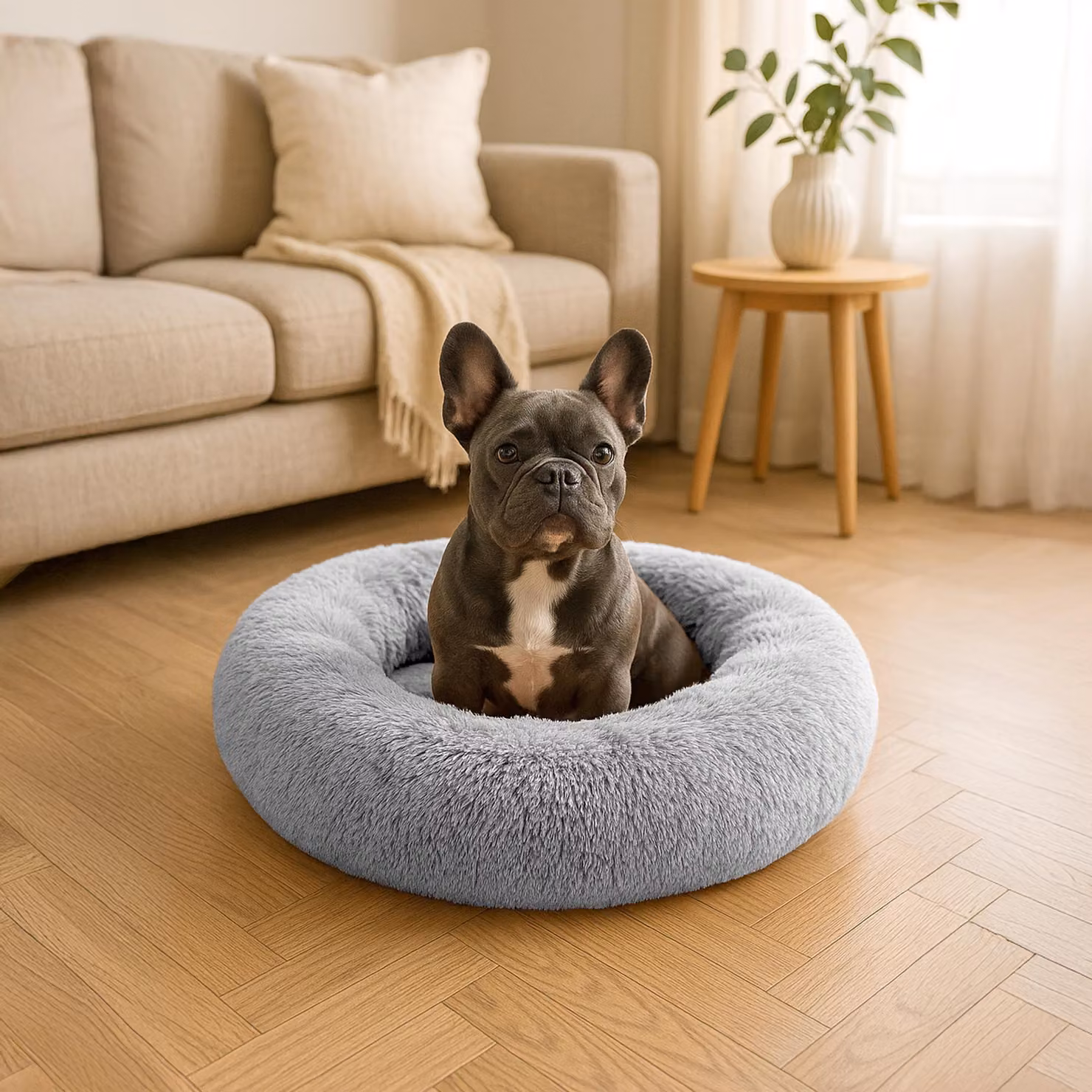 belviona donut dog bed, letto in peluche con soffice imbottitura, presa sicura e bordo ergonomico, diametro 70 cm, grigio chiaro