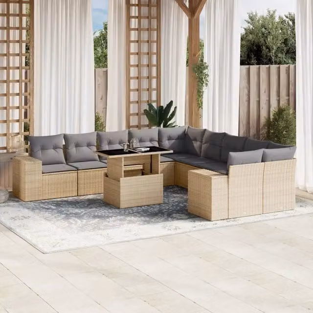 Set di divani da giardino vidaXL in polyrattan beige con cuscini e tavolino da esterno a forma di U composto da 11 pezzi – 1