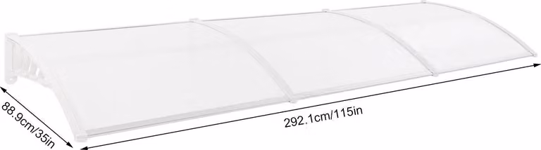 Tetto per finestre e porte - Tenda da sole rettangolare, dimensioni 90x300 cm - Montaggio a parete - Pannello in policarbonato (PC) e alluminio - Tetto curvo per protezione da pioggia e sole - Trasparente/Bianco