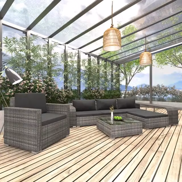 Set da giardino moderno vidaXL composto da 8 pezzi in rattan grigio con cuscini e tavolino