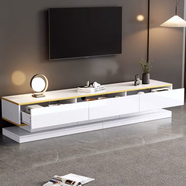 Mobile TV 200x40x40 cm, basso con 3 cassetti, finitura lucida e bordo oro, grande spazio contenitivo, colore bianco caldo