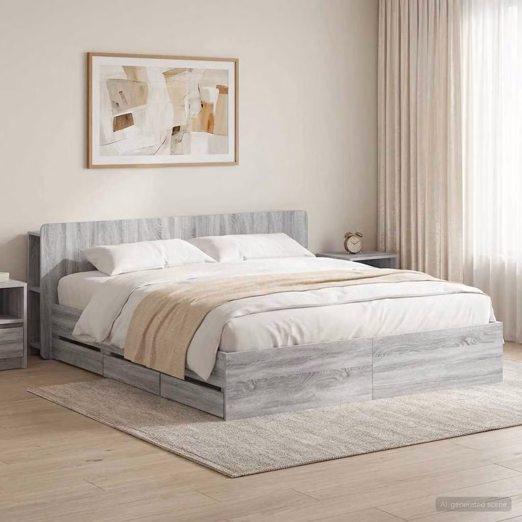 Letto con contenitore e testata vidaXL in legno Sonoma grigio L/P/H: 221.5 x 180 x 140 cm