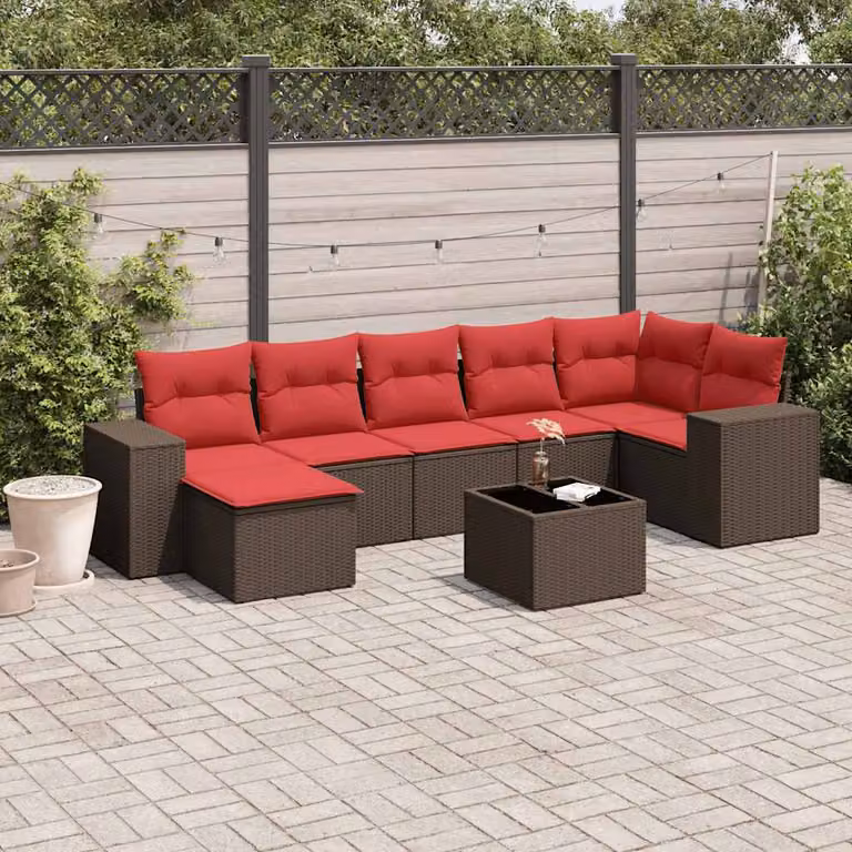 Set Divani da Giardino vidaXL 8 pz in Polyrattan Marrone con Cuscini e Tavolino da Esterno