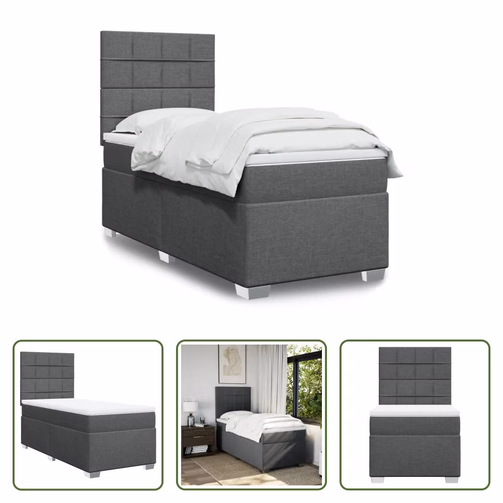 The Living Store Letto a molle con materasso grigio scuro 100x200 cm in tessuto