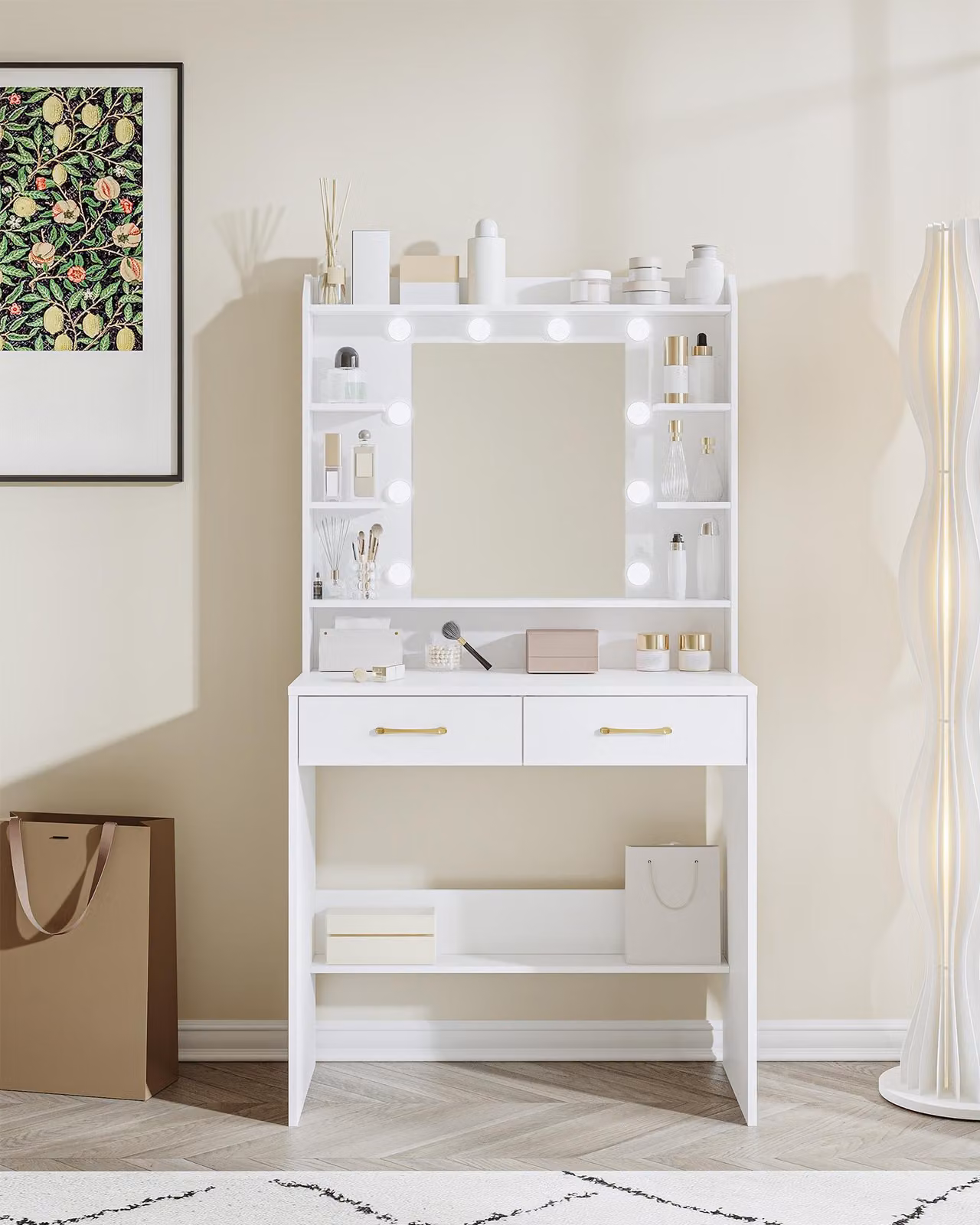 Comò con specchio - Bianco - 2 cassetti - Pannello di legno laminato - Design moderno e minimalista