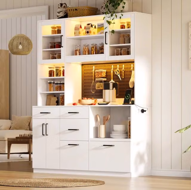 Buffet con Ripiano Lavoro, 5 Cassetti e Illuminazione LED, Mobile da Cucina con Presa di Corrente, 185×145×40 cm, Bianco