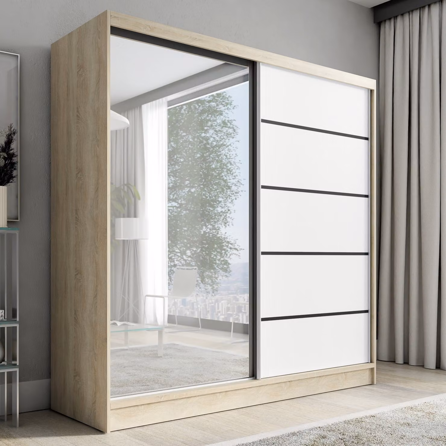 Armadio a porte scorrevoli, a 2 ante con specchio NERO 2 200 cm (marrone / bianco)