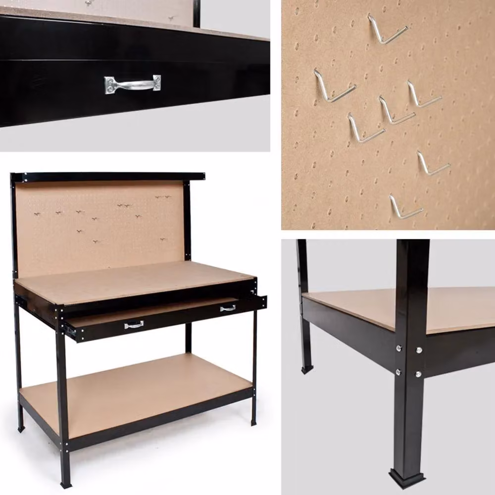 Banco da lavoro da officina Helloshop26 in acciaio nero con pannello forato L: 120 cm, P: 60 cm, H: 156 cm – 2