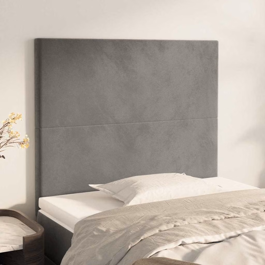 Testiera per letto vidaXL in velluto grigio chiaro con struttura in legno e MDF, L: 90 cm, P: 5 cm, H: 118-128 cm