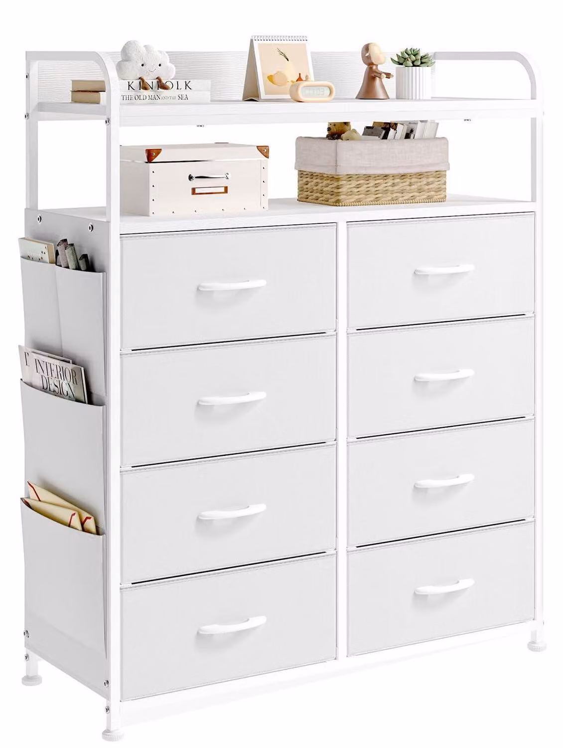 Comodino con 8 cassetti rivestiti in tessuto, struttura in metallo, dimensioni 80x30x100 cm