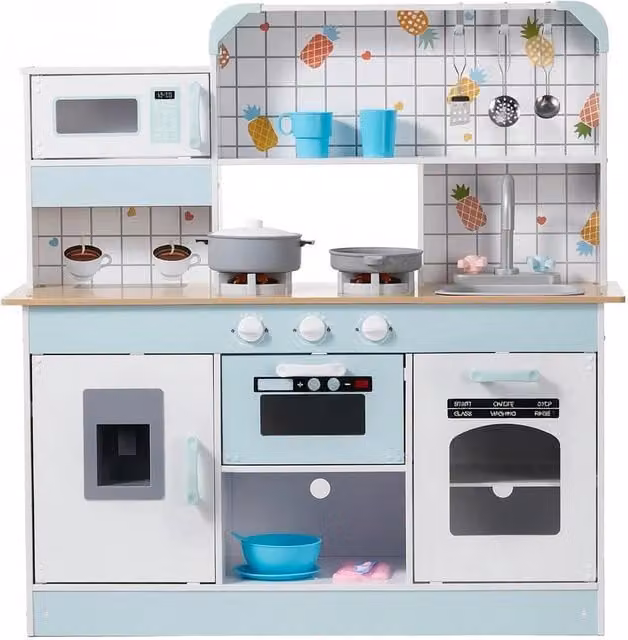 Set Giocattolo Cucina in Legno per Bambini con Luci e Suoni, Bianco, 24 Pezzi