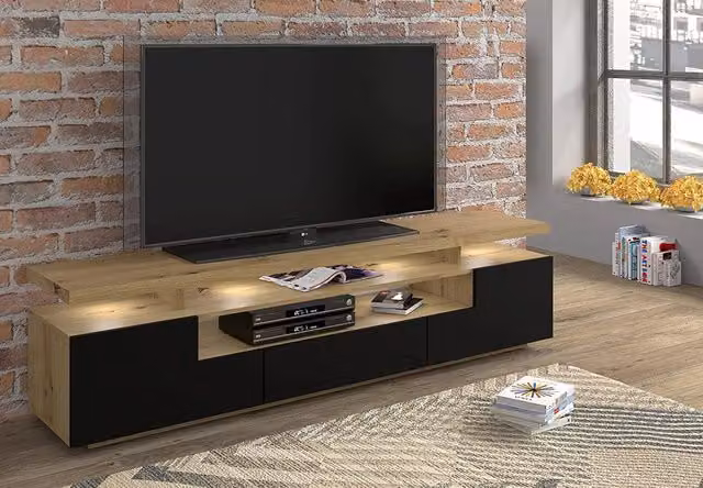 Mobile TV EVA Bim Furniture con LED integrati, Rovere e frontali Nero opaco, L 180 x P 42 x H 51 cm – 1