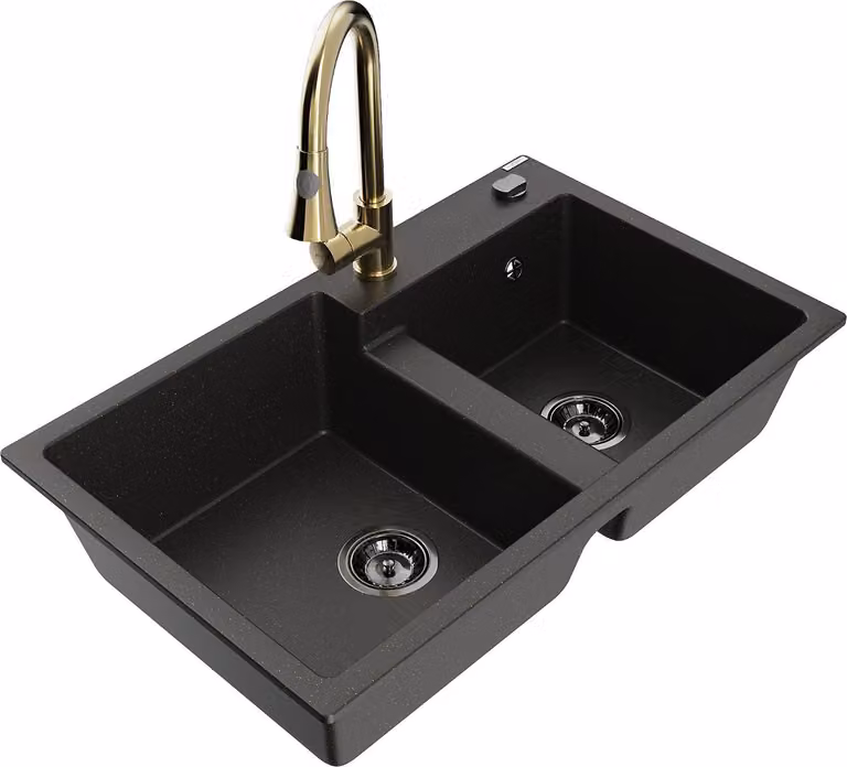 Mexen Tomas lavello in granito a 2 vasche con rubinetto da cucina Elia, nero/oro metallizzato - 6516-75-670101-50-B