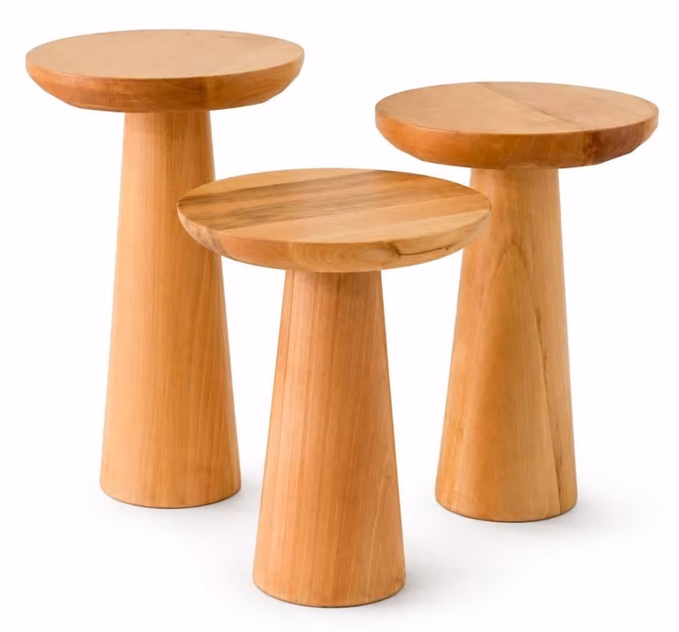 Set di 3 tavolini moderni in legno di quercia naturale, forma rotonda, stile elegante