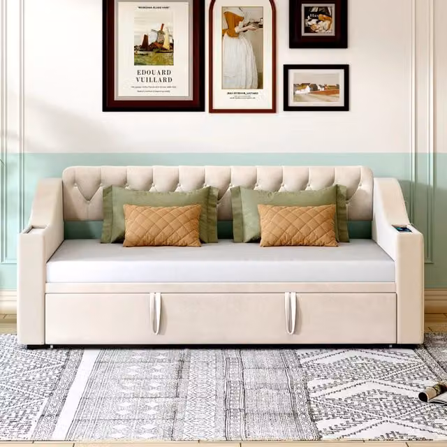 letto poltrona imbottito velluto beige 98.5 x 215 cm