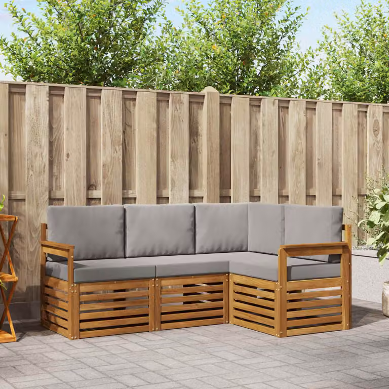 Set di divani da esterno a L vidaXL in legno di acacia con cuscini, 4 pezzi, Grigio Chiaro e Naturale