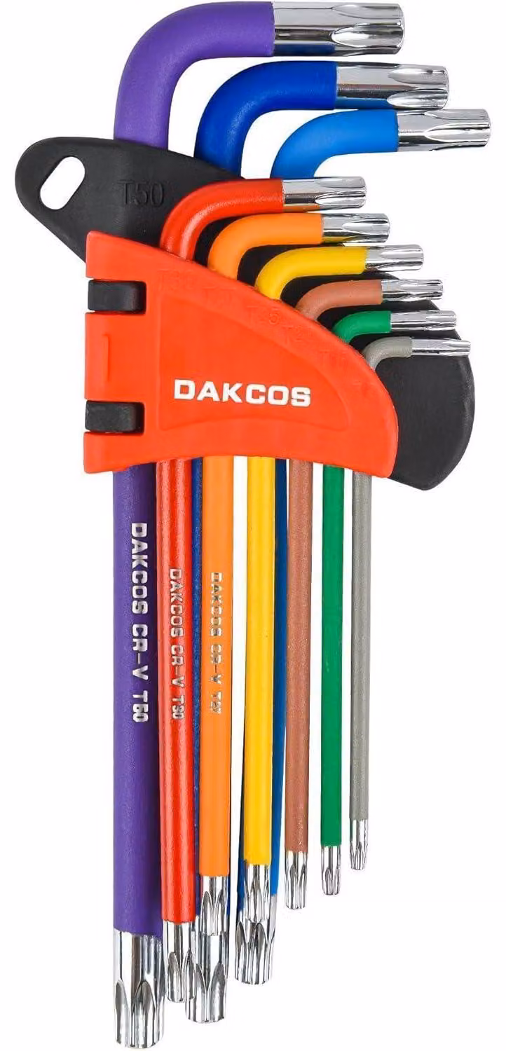Set di chiavi Torx, 9 pezzi, da T10 a T50, con foro passante, realizzate in acciaio CR-V, con clip in plastica