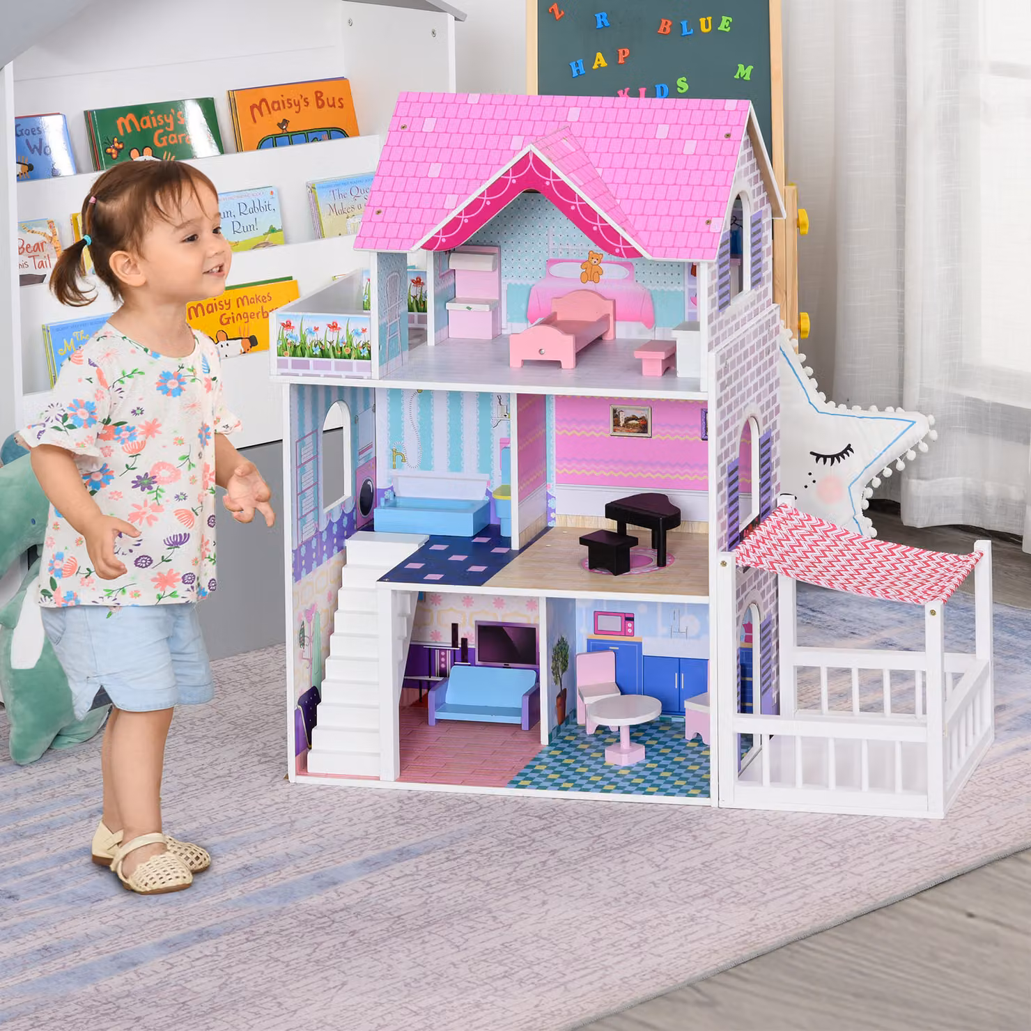 Casa delle Bambole in Legno HOMCOM Rosa con 12 Accessori e Tre Piani per Bambini dai 3 Anni in su – 2