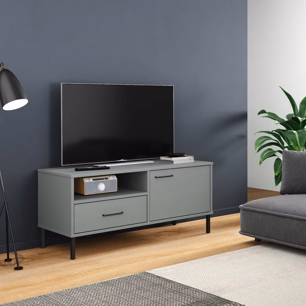 Mobile TV OSLO vidaXL con gambe in metallo e legno di pino massello, Grigio e Legno, L: 106,0 cm, P: 40,0 cm, H: 46,5 cm