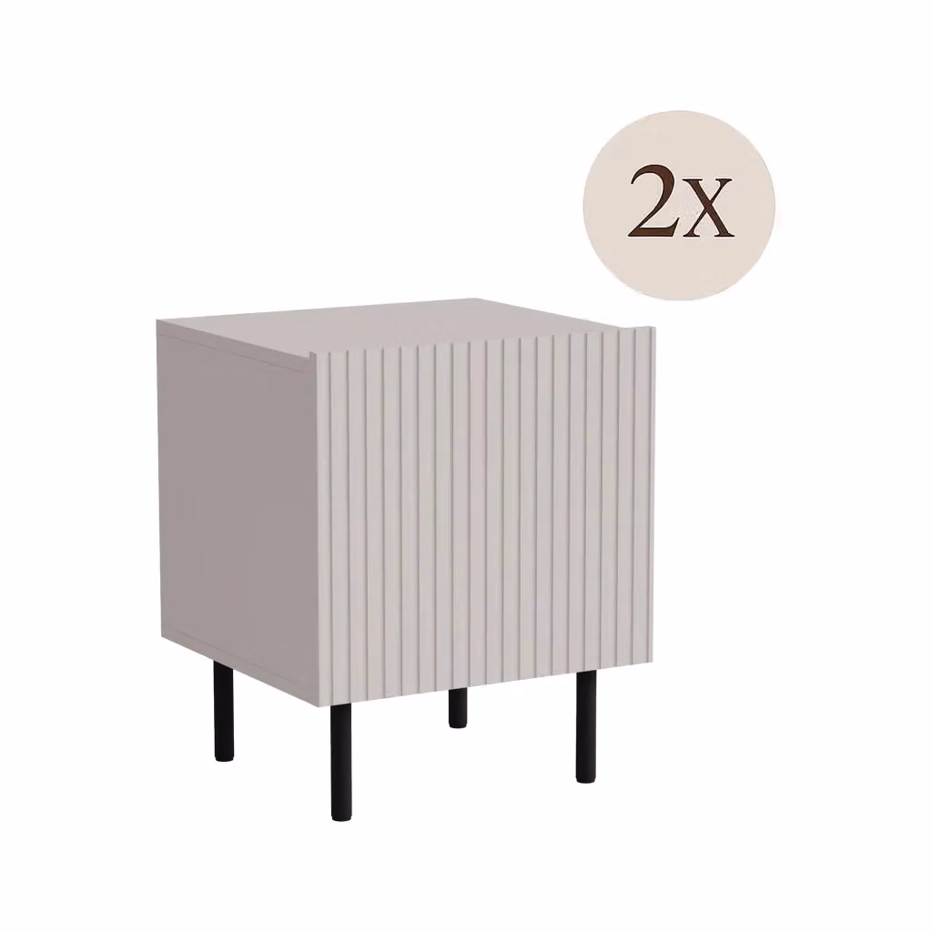 Set di 2 comodini Livraga DMORA, comò basso con anta battente e vano interno, finitura effetto cannettato beige opaco, L: 45 cm, P: 40 cm, H: 51 cm – 2