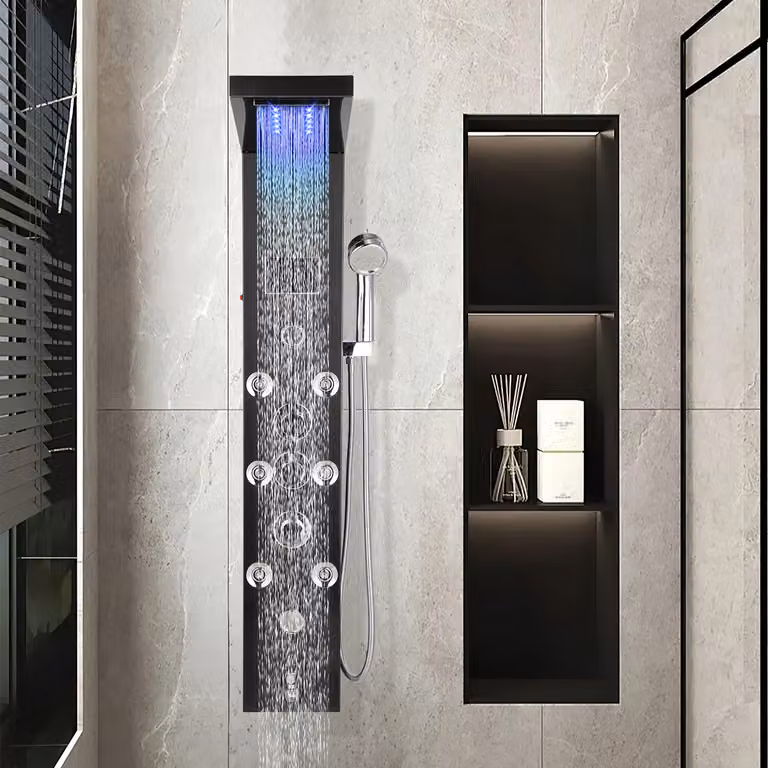 Jayseuw pannello doccia per bagno Sistema doccia idromassaggio Doccia a pioggia Pannello doccia multifunzionale 6 grandi getti massaggianti Colonna doccia, nero
