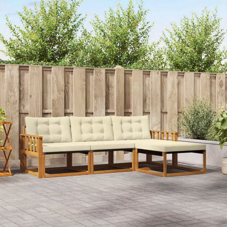 Set di divani da esterno vidaXL a forma di L in legno di acacia con cuscini beige e bianco, composto da divano a 3 posti, elemento angolare e pouf