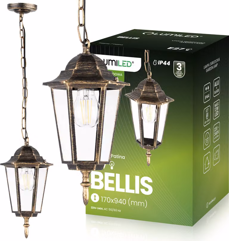 LUMILED lampada a sospensione vintage da esterno 230V lanterna regolabile in altezza patina alluminio vetro retrò attacco E27 per giardino IP44