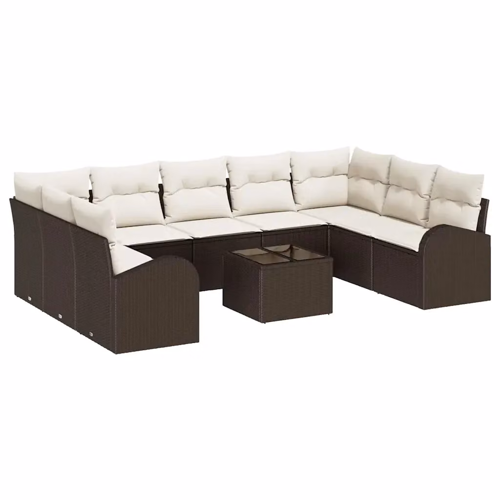 Set Divano da Giardino vidaXL 10 Pezzi in Polyrattan Marrone e Bianco con Cuscini e Tavolino – 2