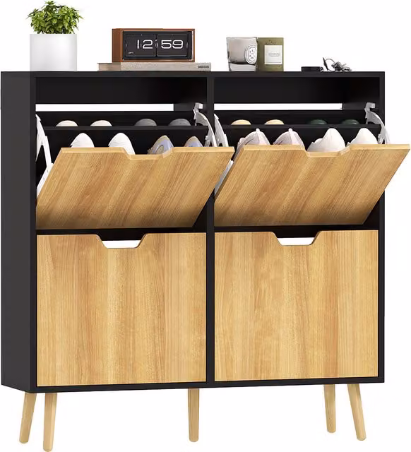 Mobile Portascarpe Stretto HOMCOM con 4 Cassetti Ribaltabili e Ripiani Regolabili per 16 Paia, Colore Naturale e Nero, L: 95 cm, P: 26 cm, H: 95 cm – 1