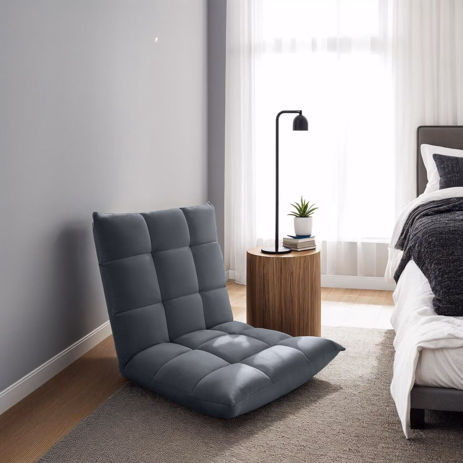 Poltrona relax tectake Snooze in velluto grigio con struttura in metallo e imbottitura in schiuma, regolabile in 14 posizioni – 1