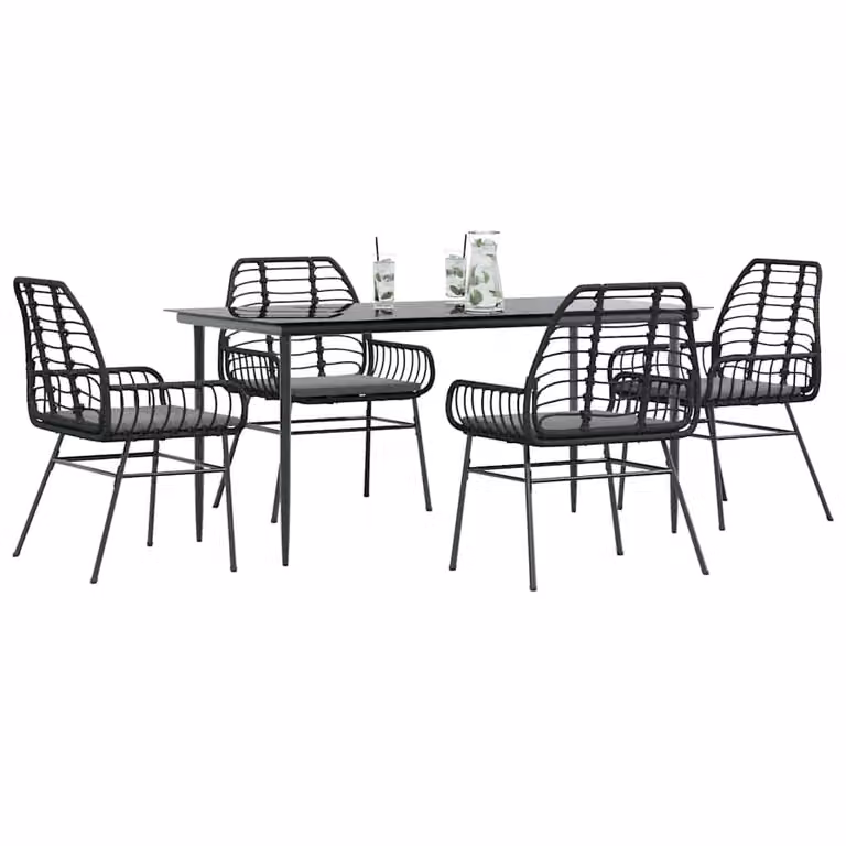 Set da pranzo da giardino vidaXL in polyrattan con tavolo in vetro e 5 cuscini, nero e grigio