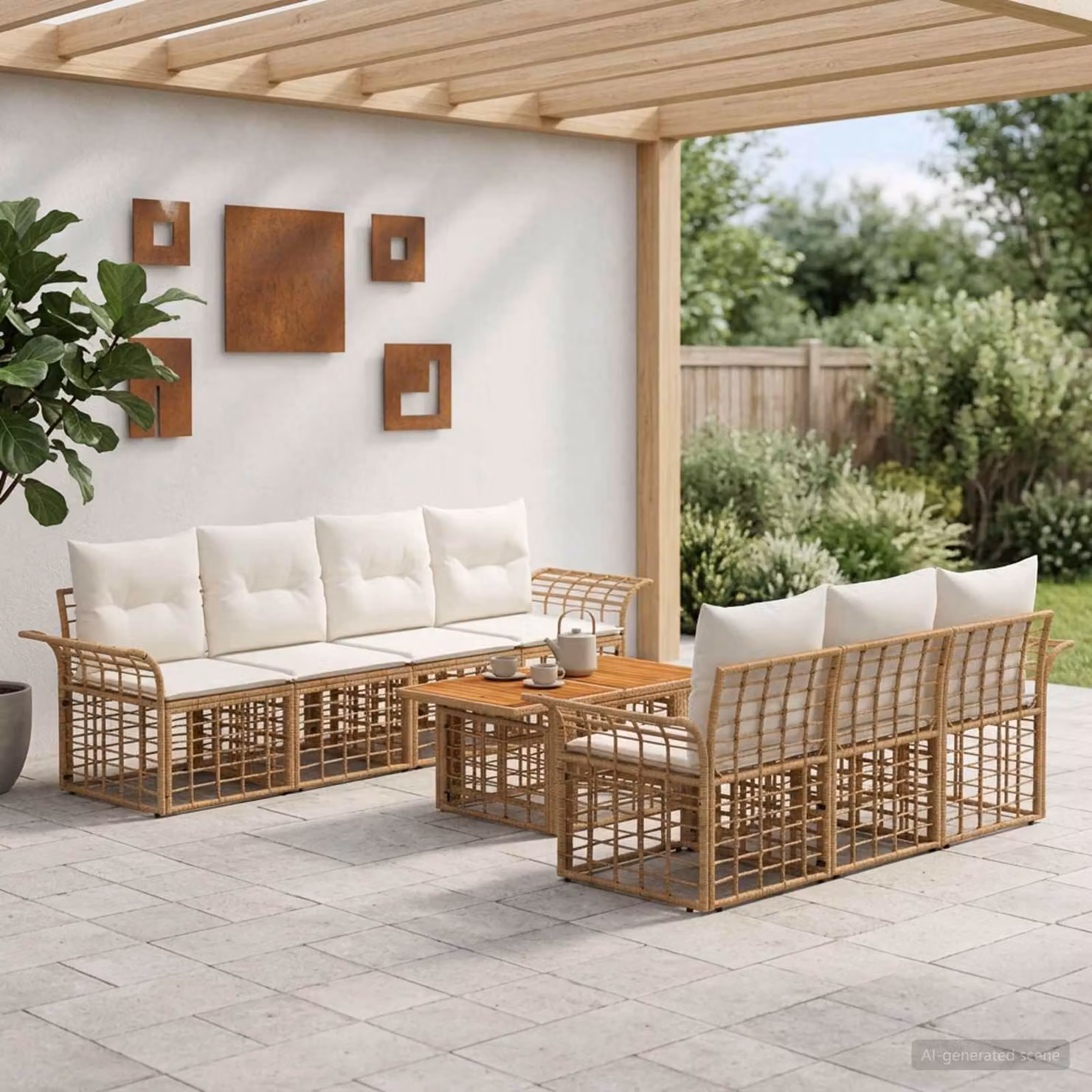Set Divano da Giardino Moderno vidaXL in Polyrattan Naturale e Bianco Crema con Legno di Acacia, 8 Pezzi