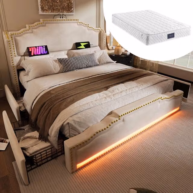 Letto matrimoniale imbottito ULEVR 140x200 cm con 4 cassetti, LED, USB e Type-C, velluto beige con materasso
