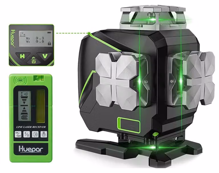 Set di laser per linee di riferimento 4D, con raggio verde, ricevitore, Bluetooth, telecomando e custodia