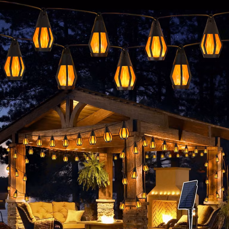 Catena luminosa solare, 6,3 metri, 10 luci a forma di fiamma LED, effetto tremolante, per uso esterno
