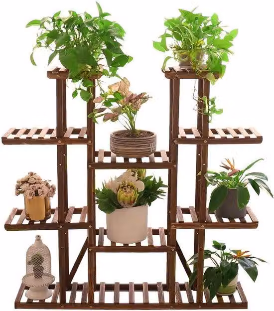 Supporto da giardino in legno, grande struttura di sostegno per fiori a 11 livelli, struttura a più livelli per giardino con dimensioni 115 × 25 × 116 cm.