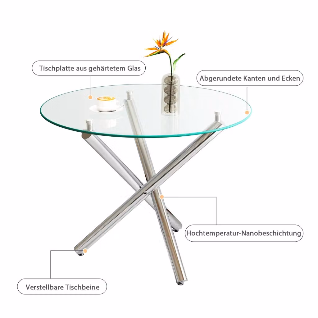 Tavolo rotondo REDOM in vetro trasparente e metallo argento L: 80 cm, P: 80 cm, H: 76 cm – 2
