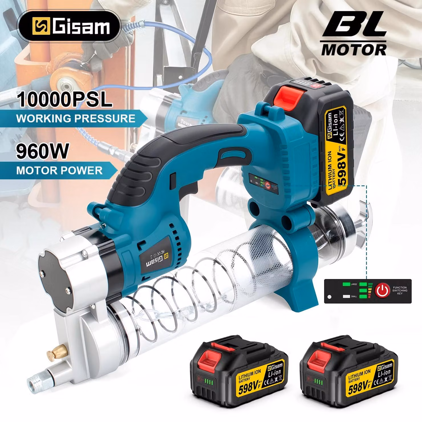 Pompa per grasso elettrica - Modello a batteria - Alta pressione 69 MPa (10.000 PSI) - Motore brushless - Sistema a 18 V - 2 batterie - Rosso