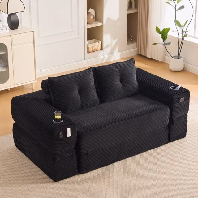 Divano letto multifunzione REDOM in velluto a coste nero con portabicchieri L: 180 cm, P: 98 cm, H: 80 cm